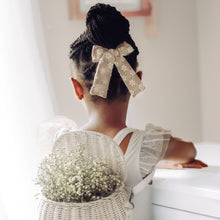 Load image into Gallery viewer, brown & white floral long tail bow
