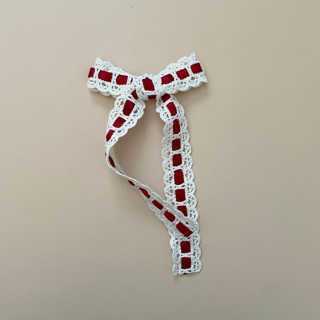 red & white lace long tail bow