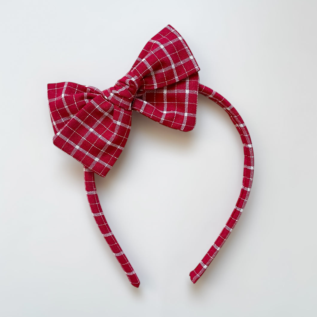 cherry plaid hard bow headband