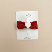 Load image into Gallery viewer, mini red glimmer heart bow clip
