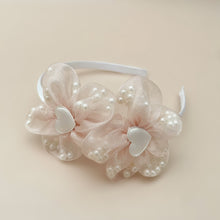 Load image into Gallery viewer, champagne pink pearl hearts hard bow headband
