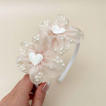 Load image into Gallery viewer, champagne pink pearl hearts hard bow headband
